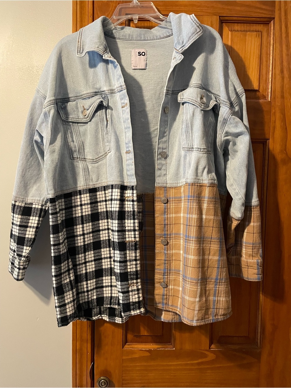 SO Light Blue Denim & Black/White and Tan Plaid Mixed Shacket